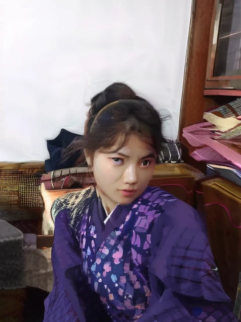 Masterpiece, best quality, high resolution, venus1,1girl, solo, Tsuko Kamato, bamboo, brown hair, (((pink ribbon)) checkered belt, gag, gag, gradient hair, haori, japanese clothes, kimono, long hair, looking at the audience, pink eyes, pink kimono, pink ribbon, solo,