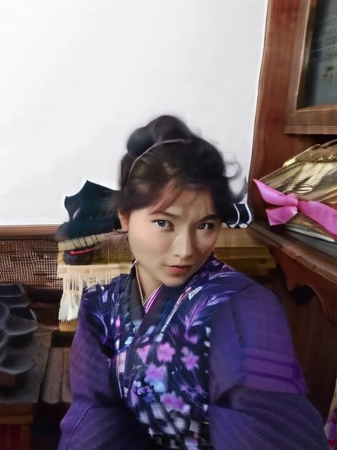 Masterpiece, best quality, high resolution, venus1,1girl, solo, Tsuko Kamato, bamboo, brown hair, (((pink ribbon)) checkered belt, gag, gag, gradient hair, haori, japanese clothes, kimono, long hair, looking at the audience, pink eyes, pink kimono, pink ribbon, solo,