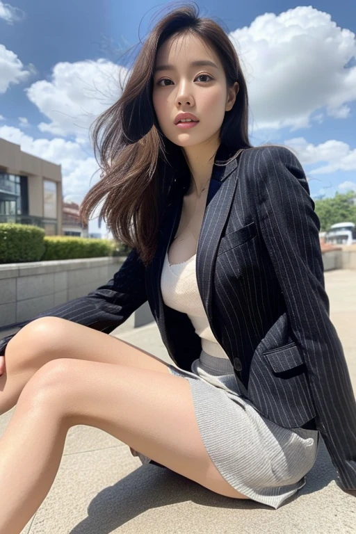 (Highest quality、Ultra-high resolution、masterpiece、8K、Realistic raw photo)、(Delicate face、Detailed eyes and face、Watery eyes、double eyelid、Glossy lips), ((1 girl)) 、Very beautiful woman、Slender、Slim Big、Sharp long legs、Alluring and sexy、(Striped blazer:1.2)、(Striped skirt:1.2),(silk pantyhose:1.1),(High heels)、Cleavage、High-definition skin texture、The wind is blowing、Sunlight shining on face and body、Modern architecture in the background、Above the knee shot、((Perfect Anatomy、Anatomically correct:1.2))