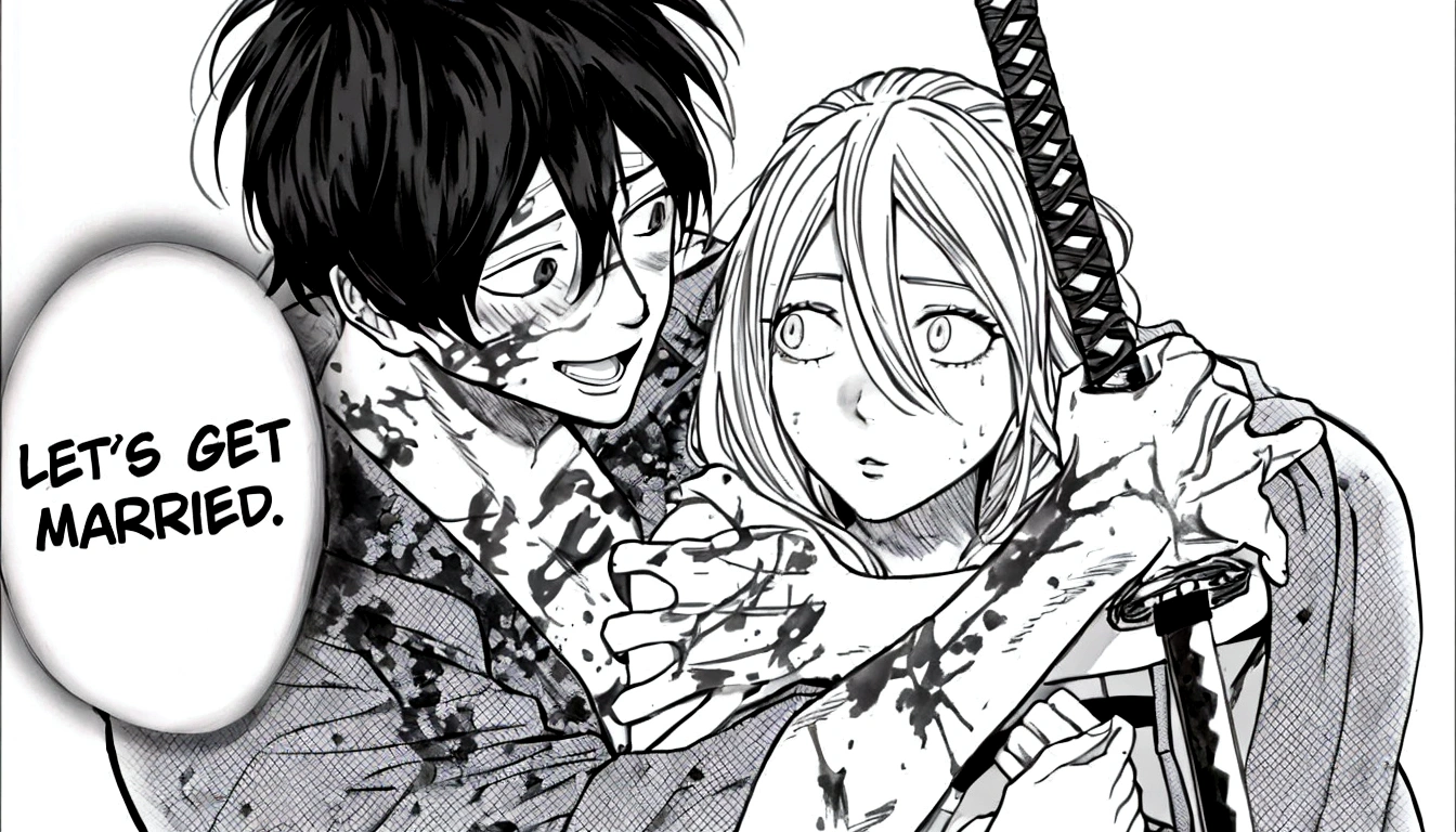 anime couple with sword and text that says let's get married, black and white manga panel, black and white manga page, chainsaw man manga, black and white manga, black and white manga comic, black and white manga style, pencil and ink manga, manga scans, in manga style, ink manga drawing, holding a sword on her shoulder, manga”