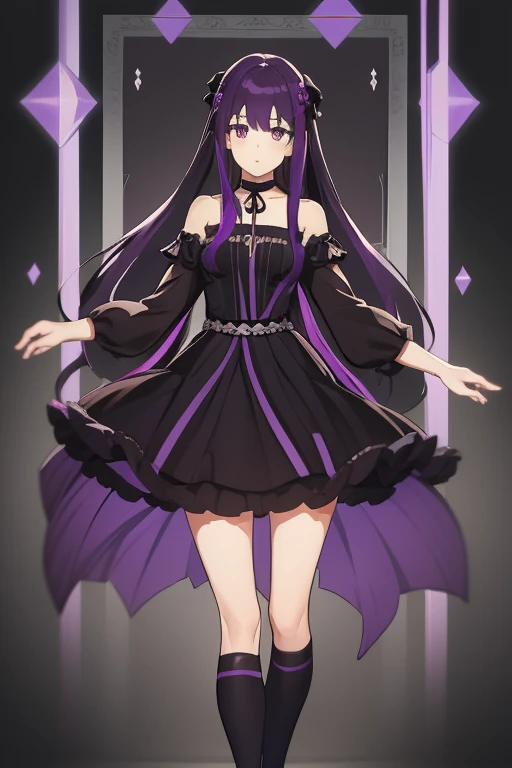 girl, PURPLE HAIR, Brown eyes, black streak, black and purple dress, long socks
