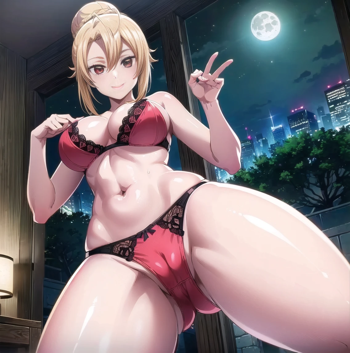 ((1 girl)), ((alone)), Angelica rapha holfort, ((Extremely detailed CG unity 4k wallpaper)), (Masterpiece), (ultra quality), (Ultra detailed), (best illustration), (best shadow), (extremely detailed), looking at viewer, (absurdities), (detailed background), curvy body, dynamic pose, cowboy photo, large breasts, medium waist, wide hips, medium thighs, round butt,( (medium hair, blonde hair, side locks, red eyes: 1.4, bare shoulders, 1-piece red lingerie, navel, black lace lingerie, bare legs, smile, closed mouth)), seductive, standing, cowboy photo, light from the background, ((solo)), ((Standing:1.4, interior, room, bedroom, night, window, moon, cityscape, city lights, (sexy smile, sexy pose: 1.4) , looking forward, ( (focus on panties), pov: (from below), perfect anatomy, perfect hands,