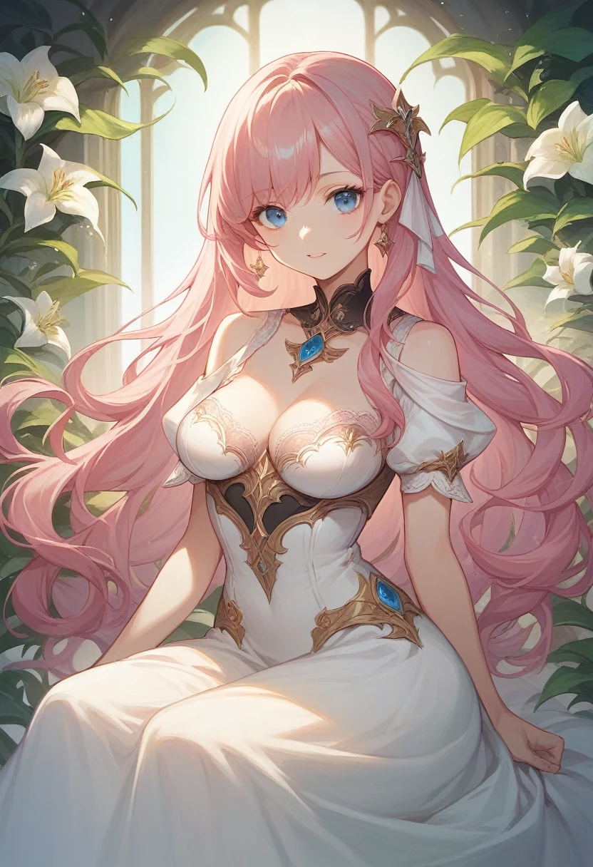 ((Highest quality)), ((masterpiece)), (detailed), ((Perfect Face)), lillia, One Girl、Pink long hair、blue eyes、White dress with black lace、large pink ribbon on the chest, I&#39;It is glad&#39;it&#39;s snowing、A town with a fountain