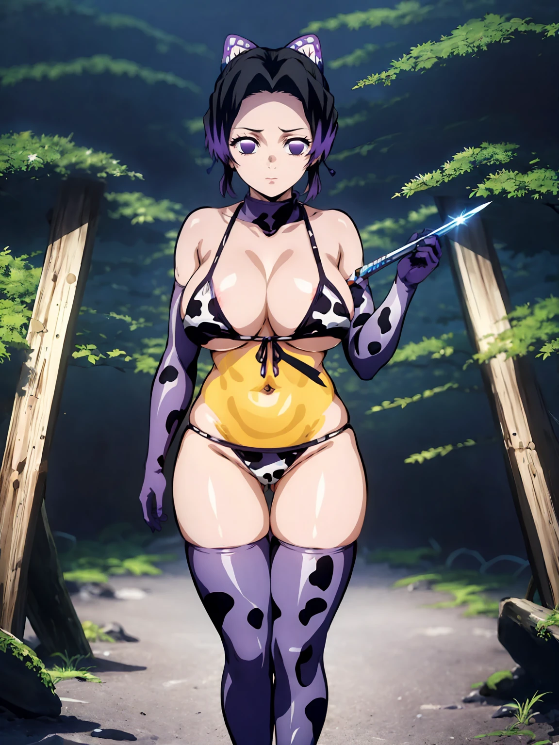 Kochou shinobu, 4k, absurd, high resolution, very high resolution, high definition, masterpiece, Short hair, purple hair, Separate bangs, Hair Adorno, Butterfly hair ornament, Purple eyes, (cowprint bikini, thighhighs, elbow gloves), zettai ryouiki black thighhighs, cowboy shot, looking_at_viewer, serious, (angry:0.6), closed mouth, huge_breast, side boob, erect nipples, standing, holding a japanease sword, (skinny, short stack), in the dark forest, at night, moon