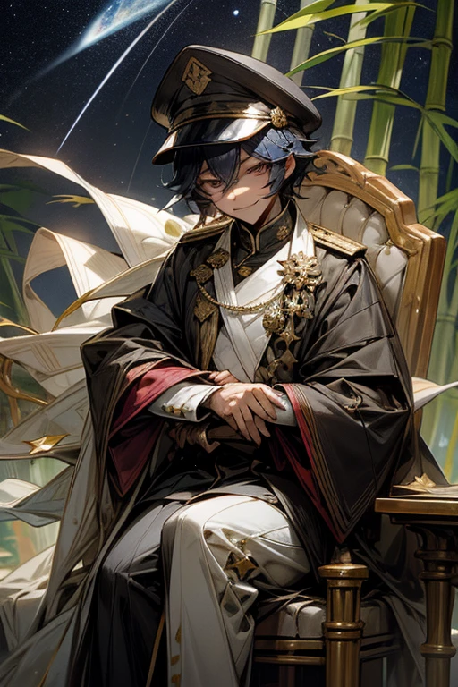 Beautiful starry sky。Masquerade Mask。evildoer。Open your arms。Wearing a military cap and uniform。Tanabata。Strip。Bamboo leaf。Sitting on the throne and smiling。