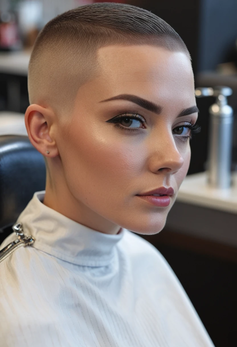 a stunning 30 year old woman with a super short buzzcut with a medium fade undercut and a side shave sitting in a barberchair, photorealistic, hyperrealistic, 8k, uhd, high detail, masterpiece, film grain