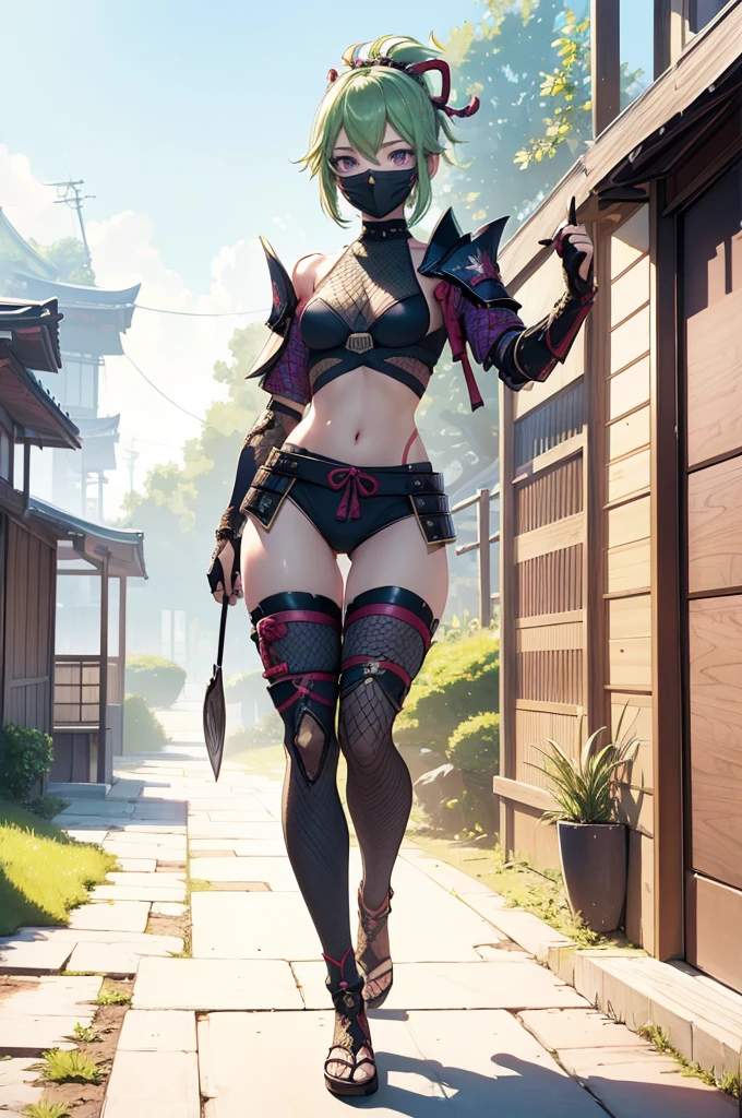 ((1girl, solo)), (((cowboy shot))), (legs apart:1.5), confident stand, beautiful body, (perfect anatomy, perfect body, perfect hands, perfect legs), natural proportions, sexy body, large breasts, (full body, full-body shot, full body front:1.5) BREAK
((extremely detailed face)), (beautiful detailed eyes:1.6), (realistic pupils, realistic iris:1), expressive eyes, looking at viewer, (clear eyes:1.3), (hyperrealistic:1.2), (detailed skin texture:1.2), smooth skin, kuki shinobu, purple eyes, green hair, ((mouth mask)), perfect face, perfect eyes BREAK
ninja, (fishnet top:1.5), (crop top:1.5), cleavage, (cropped jacket:1.5), (shoulder armor:1.5), (arm guard:1.5), partially fingerless gloves, midriff, short shorts, black shorts, ((black thighhighs)), (((greaves))), sandals, (revealing clothes:1.5), (japanese armor:1.5), (samurai armor), (highleg panty straps:1.4), tassel BREAK
outdoor, day, japanese building, east asian architecture BREAK
(masterpiece:1.5), anime-style, top quality, best quality, (beautiful and aesthetic:1.2), (ultra detail:1.5), Ultra-detailed depiction, Ultra-precise depiction, extremely detailed 8k illustration, high resolution, (highly detailed shading:1.2), (realistic lighting:1.4), perfect lighting, vibrant colors, dynamic tones, striking hues, 8k, absurd resolution, perfect shadows, hdr, UHD, ambient lighting, realistic, ultra-realistic, photo realistic, highly detailed, rich detail, luminous colors, fine texture, intricate design, professional illustration, (soft light:1.2), (illustration:0.7)