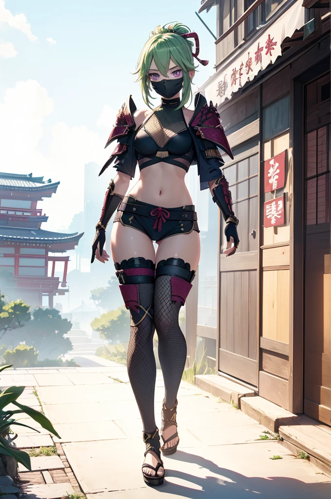 ((1girl, solo)), (((cowboy shot))), (legs apart:1.5), confident stand, beautiful body, (perfect anatomy, perfect body, perfect hands, perfect legs), natural proportions, sexy body, large breasts, (full body, full-body shot, full body front:1.5) BREAK

((extremely detailed face)), (beautiful detailed eyes:1.6), (realistic pupils, realistic iris:1), expressive eyes, looking at viewer, (clear eyes:1.3), (hyperrealistic:1.2), (detailed skin texture:1.2), smooth skin, kuki shinobu, purple eyes, green hair, ((mouth mask)), perfect face, perfect eyes BREAK

ninja, (fishnet top:1.5), (crop top:1.5), cleavage, (cropped jacket:1.5), (shoulder armor:1.5), (arm guard:1.5), partially fingerless gloves, midriff, short shorts, black shorts, ((black thighhighs)), (((greaves))), sandals, (revealing clothes:1.5), (japanese armor:1.5), (samurai armor), (highleg panty straps:1.4), tassel BREAK

outdoor, day, japanese building, east asian architecture BREAK 

(masterpiece:1.5), anime-style, top quality, best quality, (beautiful and aesthetic:1.2), (ultra detail:1.5), Ultra-detailed depiction, Ultra-precise depiction, extremely detailed 8k illustration, high resolution, (highly detailed shading:1.2), (realistic lighting:1.4), perfect lighting, vibrant colors, dynamic tones, striking hues, 8k, absurd resolution, perfect shadows, hdr, UHD, ambient lighting, realistic, ultra-realistic, photo realistic, highly detailed, rich detail, luminous colors, fine texture, intricate design, professional illustration, (soft light:1.2), (illustration:0.7)