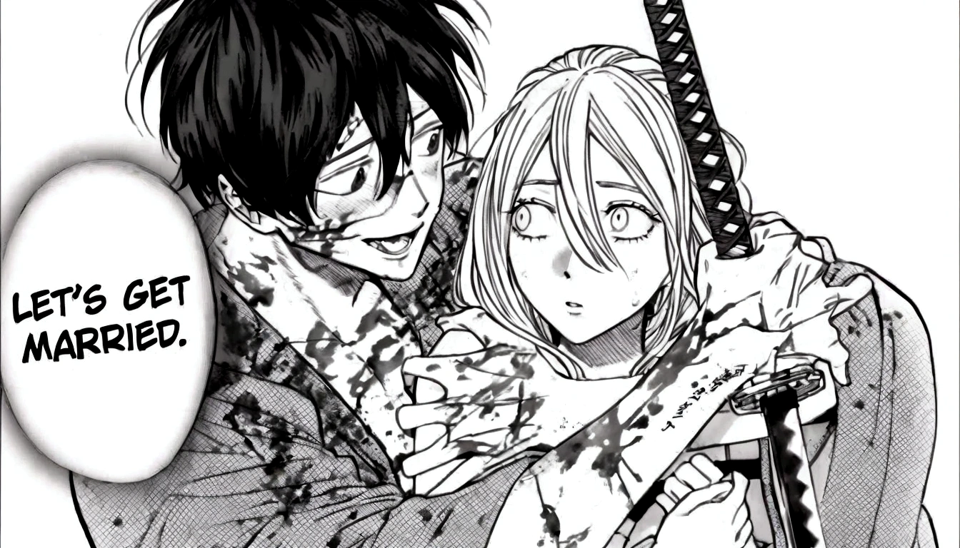 anime couple with sword and text that says let's get married, black and white manga panel, black and white manga page, chainsaw man manga, black and white manga, black and white manga comic, black and white manga style, pencil and ink manga, manga scans, in manga style, ink manga drawing, holding a sword on her shoulder, manga”