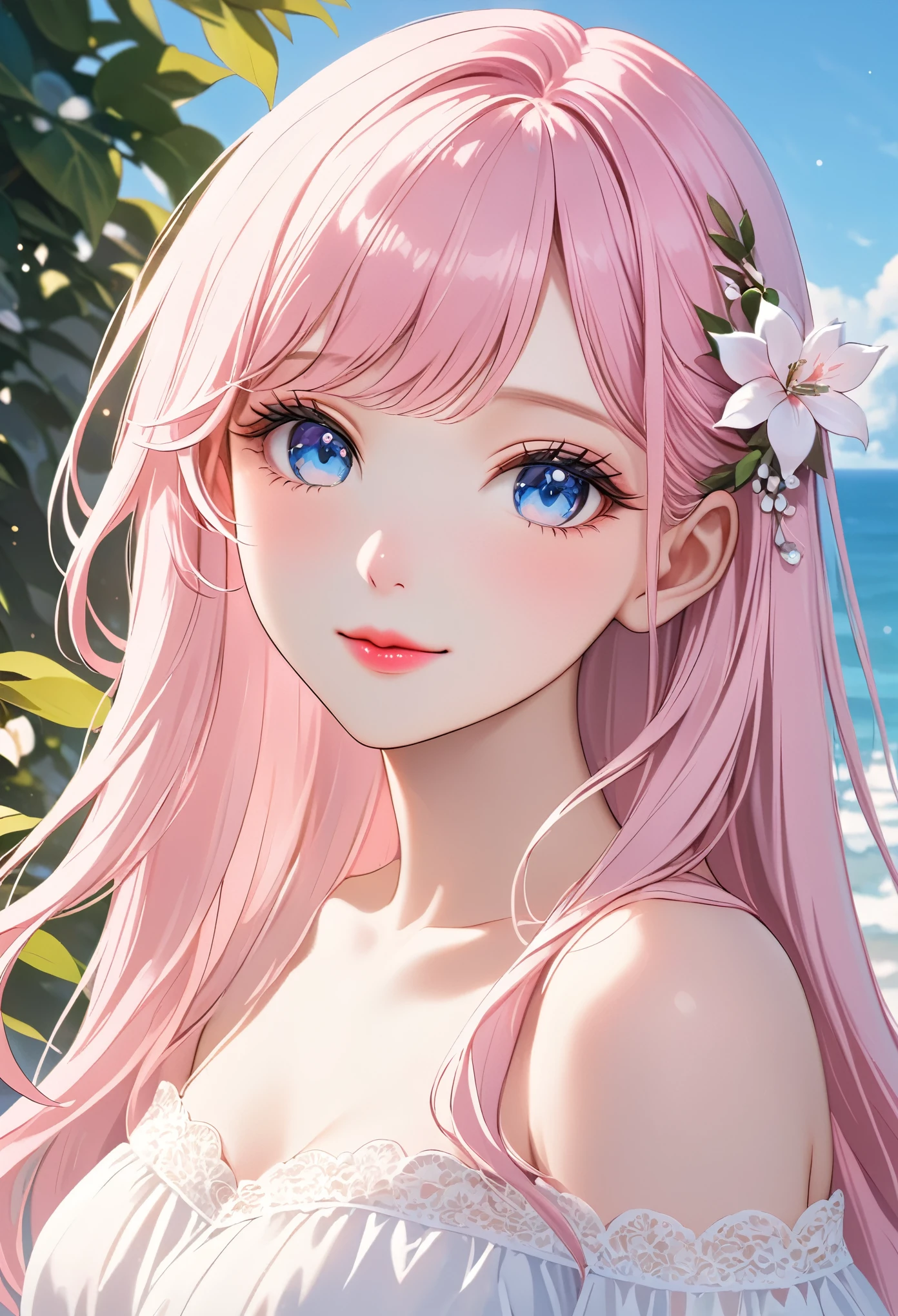 (Highest quality、masterpiece、Ultra-fine、Ultra-fine、delicate、delicate、16K、Full HD) 、((boost mood)),One girl, alone,One girl, lillia, One Girl、Pink long hair、blue eyes、White dress with black lace、large pink ribbon on the chest、sunny、smile、(full of energy)(Blue eyes、Long eyelashes、White skin、slim、Pale pink lips、Pale pink cheeks、thin and long)、(thin and high nose、Small Nose)、