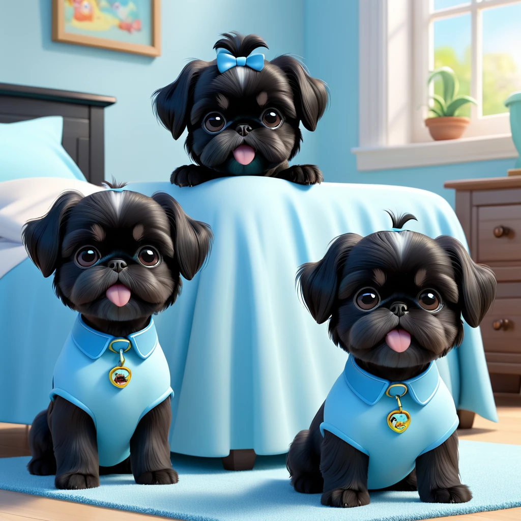 2 adorable small black shih tzu puppies, wearing bright bandanas and sunglasses, painting and making a mess, disney background, 3d cartoon, 3d render, disney pixar style, intricate details, soft lighting, vibrant colors, whimsical, photorealistic, 8k, best quality