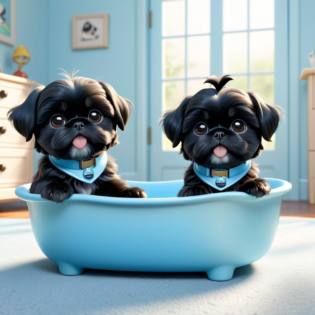 2 Adorable small black Shih Tzu puppies wearing light blue collars waking up Disney house Disney 3d cartoon, 3d render, disney pixar style 