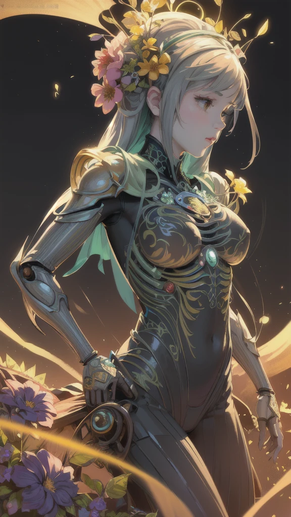 (masterpiece, best quality), (1mechanical girl), mechanical arms, upper body, ultra detailed, highly detailed, cinematic lighting, intricate details, colorful butterflies, (flowers growing on the mechanical body), (vines connecting to body), (detailed damaged cape), mecha, robot, detailed shiny armor, (warm light), (specular light:1.2), (flower field background:1.4), (glowing runes), 