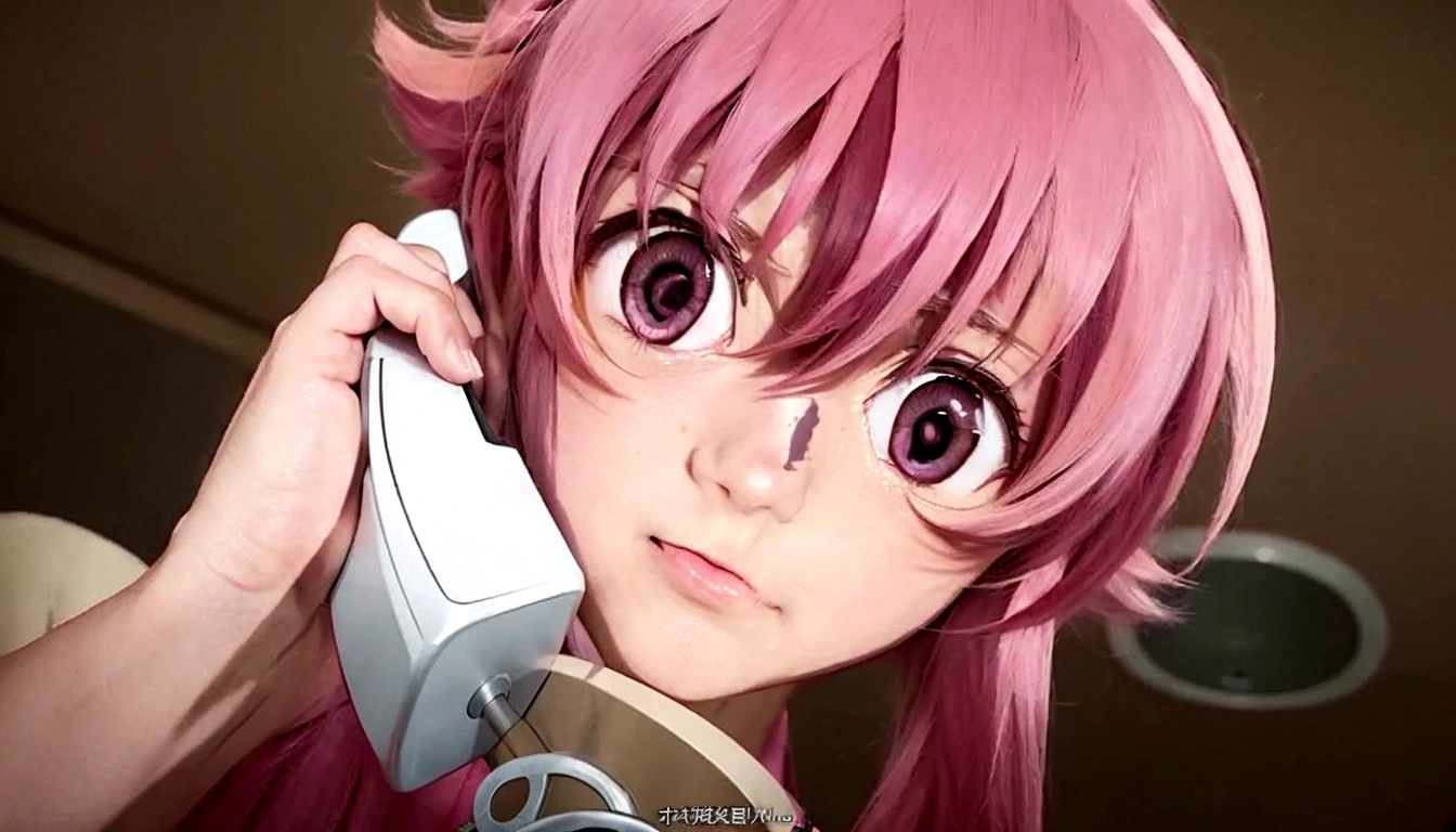 anime girl with pink hair talking on a desk phone, mirai nikki, anime girl named gasai yuno, realistic pink eyes, gasai yuno, close up of mirai nikki, gasai yuno, gasai yuno, she has a cute expressive face, gasai yuno, screenshot from an Anime from 2012, in an anime scene, scene!!, shocking.