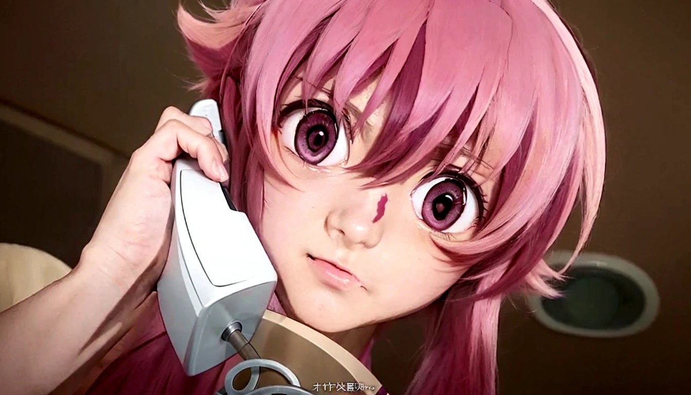 anime girl with pink hair talking on a desk phone, mirai nikki, anime girl named gasai yuno, realistic pink eyes, gasai yuno, close up of mirai nikki, gasai yuno, gasai yuno, she has a cute expressive face, gasai yuno, screenshot from an Anime from 2012, in an anime scene, scene!!, shocking.