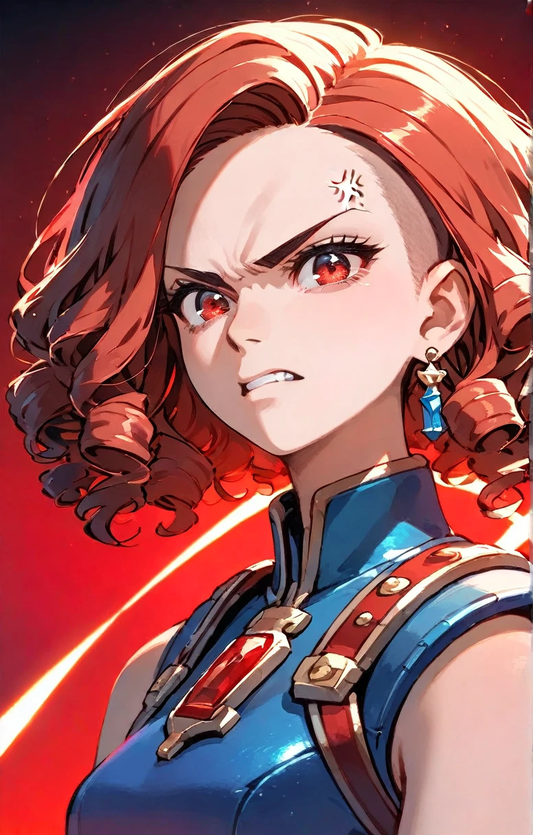 beautiful young anime girl buzz cut curly red hair angry face, digital art portrait, with glowing skin, vibrant flat colors, and a gradient red background (best quality,4k,8k,highres,masterpiece:1.2) ultra-detailed,beautiful detailed red eyes,dramatic lighting,digital painting,concept art,character design