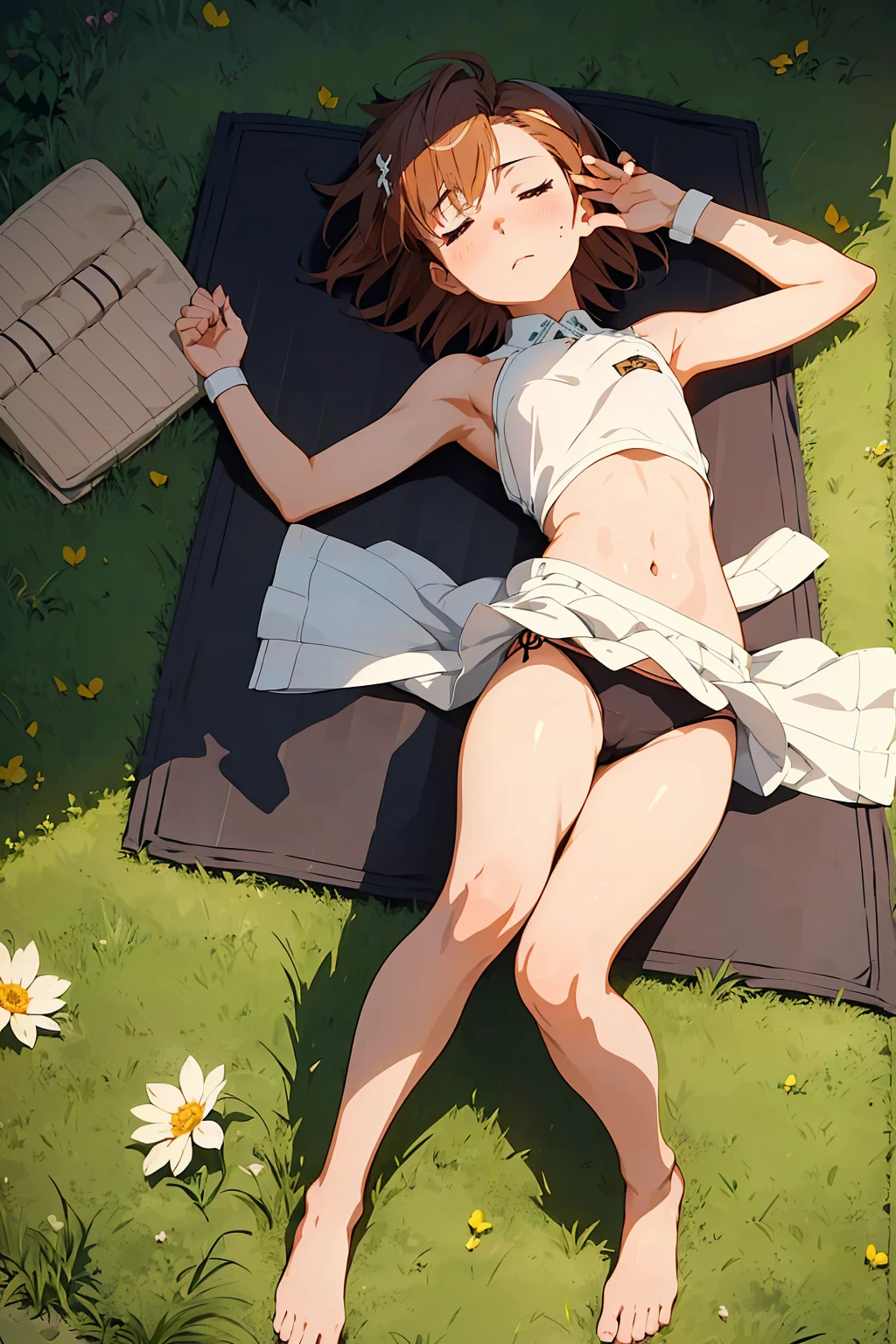 NSFW Highest quality Best image quality 4k Brown eyes Short Hair Brown Hair 4k Misaka Mikoto solo (((((Close ~ eyes)))) sleeping face sleep Lying on the grass Beautiful garden mat Completely naked cute black panties Raise your arms M-shaped legs
