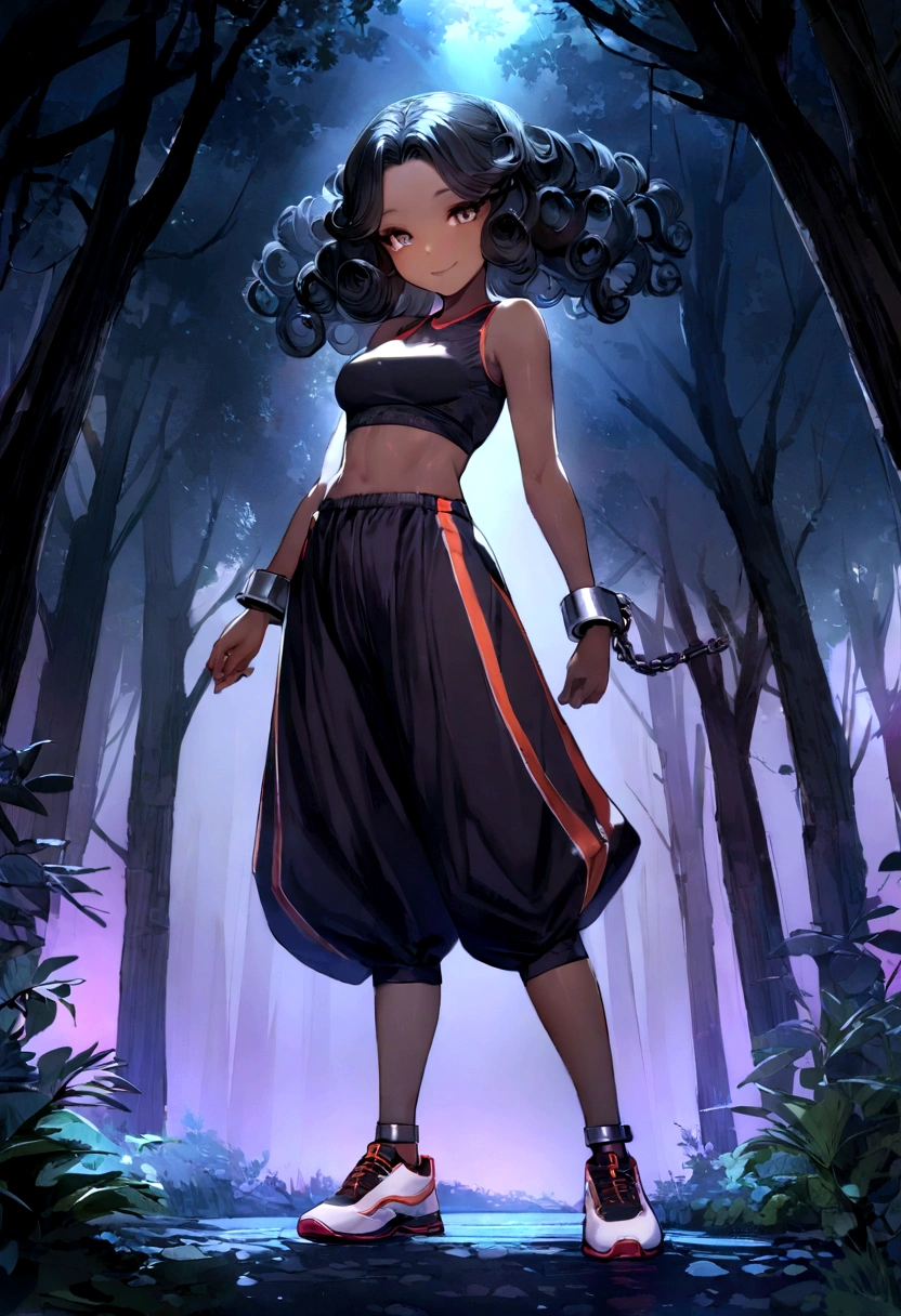 ((21 years))), ????? girl, (((clear skin))), (((full body pose))), (((long curly ????? hair))), (((wearing a sportswear and fashionable sports shoes))), (((seamless, ?????, shackles))), standing in the dark forest at night, Moonlight shining through the dense canopy, dark fantasy, RICO, deep colors, (intricate details:0.9), (HDR, Hyperdetail:1.2), (Natural skin textures, hyperrealistic, glowing skin, Luz outfit, sharp),HAPPY AND SMILING