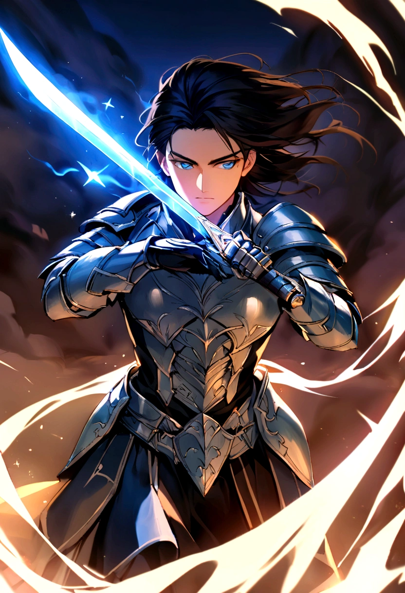 Imagine a young warrior with long dark hair, dressed in elegant but functional armor, adorned with magical runes that shine with a soft glow. He carries an ancient sword that glows blue when ready for battle.. His face reflects determination and an aura of mystery, as if he were destined to fulfill a great mission in a world full of magic and dangers.





