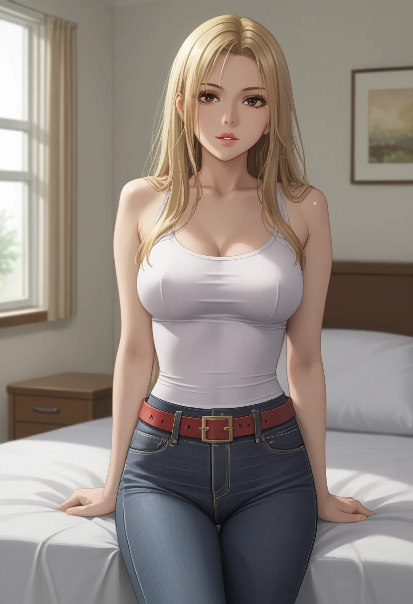 score_9_up, score_8_up, score_7_up, 1girl, solo, mature female,((Tsukumo Yuki)), ((blonde long hair)), brown eyes, pink lips, parted lips, fit slim body,(((perfect erected medium breast))) (((black tight tank, tight jeans, belt))), (((highly detailed bedroom, window, bed))), perfect fit model body, seductive pose