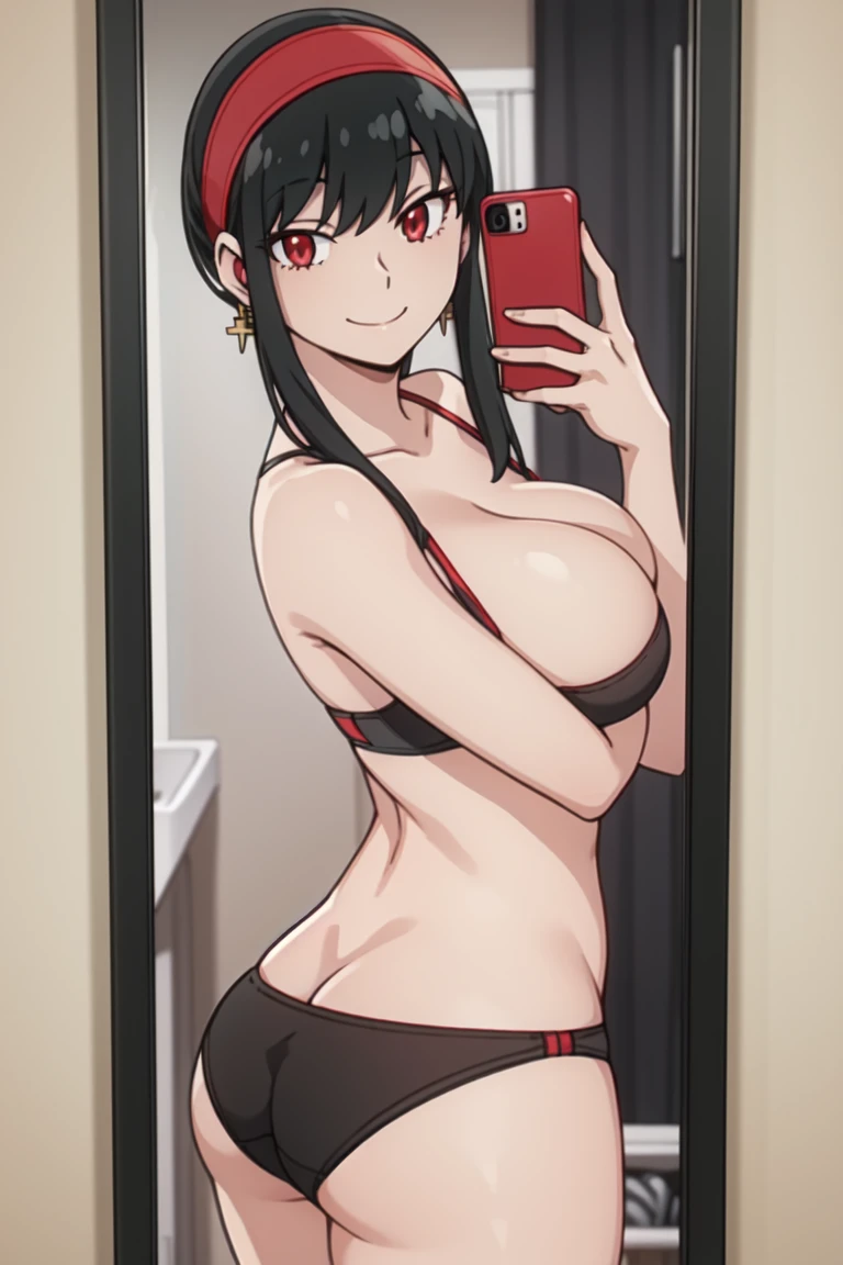 yorbriar, yor briar, black hair, (red eyes:1.5), earrings, (((white hairband))), hairband, smile ,short hair with long locks,mirror selfie, 1girl, wide ass, talking ass selfie , big breasts , bathroom, , underwear, phone, reflection, , mirror, black_hair, breasts, panties, bra, red_panties, cellphone, solo, smartphone, phone_screen, smile , holding_phone, red_bra, indoors, sink, underwear_only,