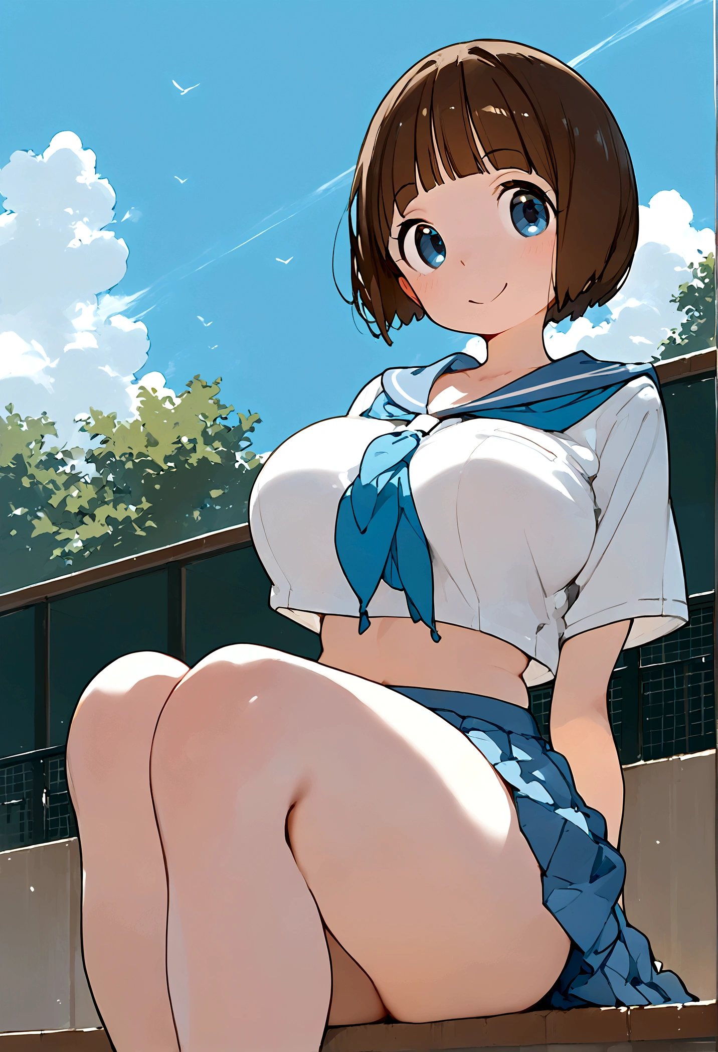 source_anime BREAK 1girl, anime artwork, score_9, score_8_up, score_7_up, score_6_up, score_5_up, score_4_upblue eyes, breast size D,Hair is short, Big hips, High quality, Smile, mako, , skinny, big breasts,serafuku, blue sailor collar, blue neckerchief, pleated skirt