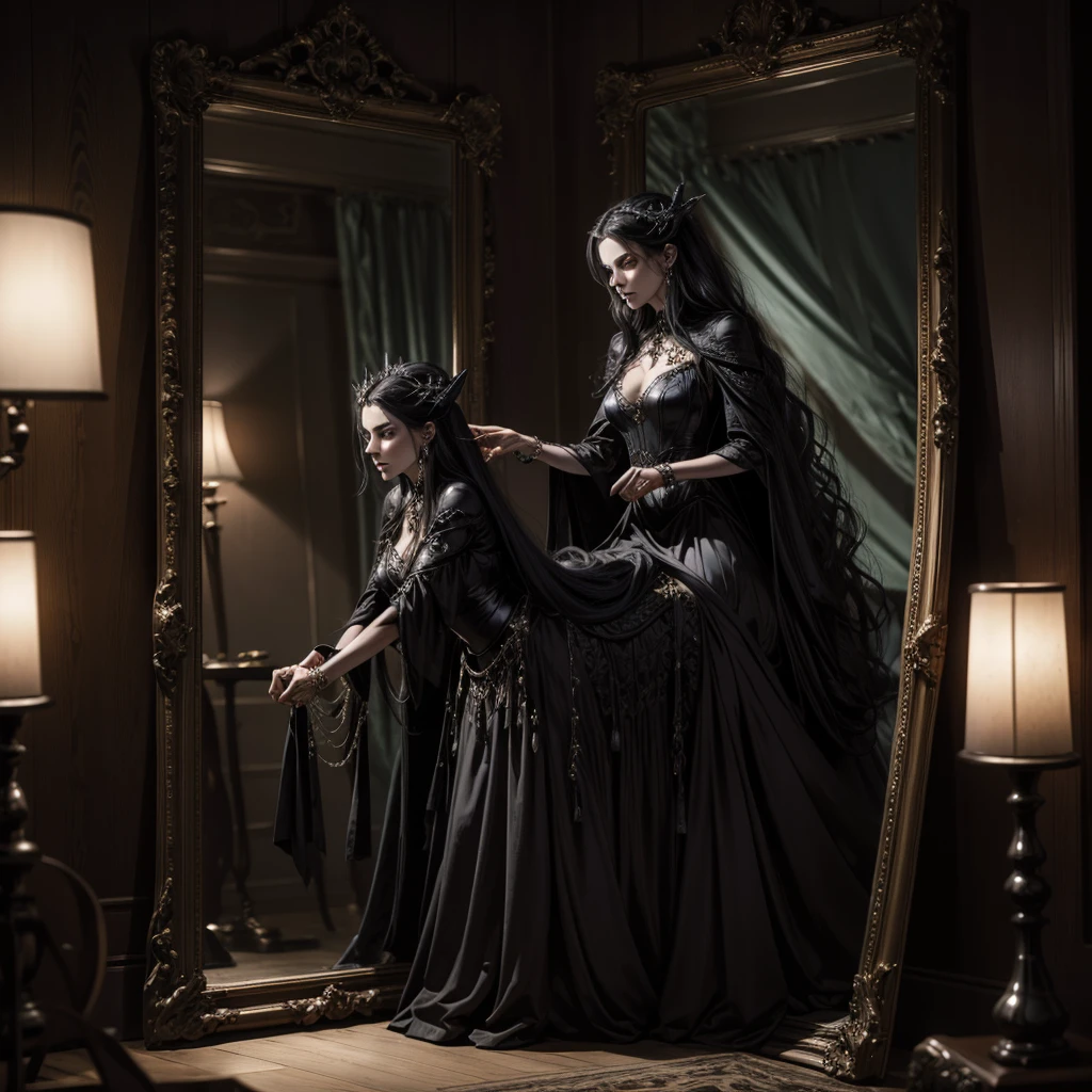 A dark lady while summoning a dark and mysterious centaur, the witch performs the ritual in front of a mirror