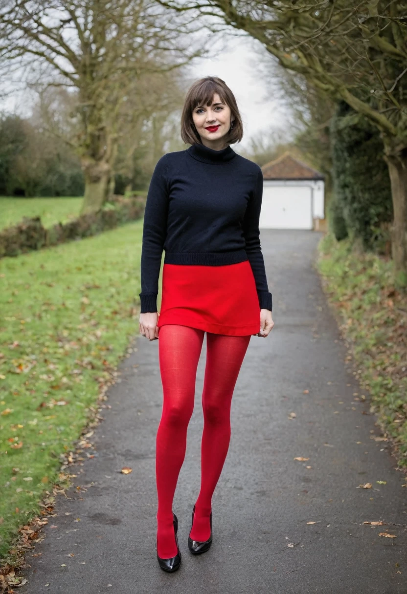 a woman wearing a twee outfit, red tights, 2010s outfit, twee