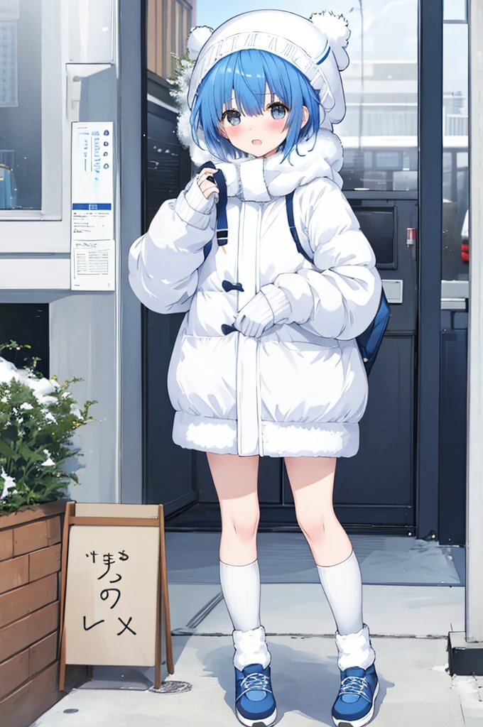 Girl、Blue hair short、Winter clothes、White knit hat、stockings、Embarrassed