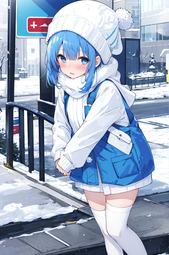 Girl、Blue hair short、Winter clothes、White knit hat、stockings、Embarrassed