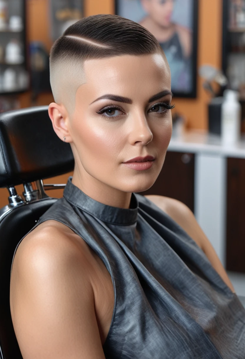 a stunning 30 year old woman with a super short buzzcut with a medium fade undercut and a side shave sitting in a barberchair, photorealistic, hyperrealistic, 8k, uhd, high detail, masterpiece, film grain