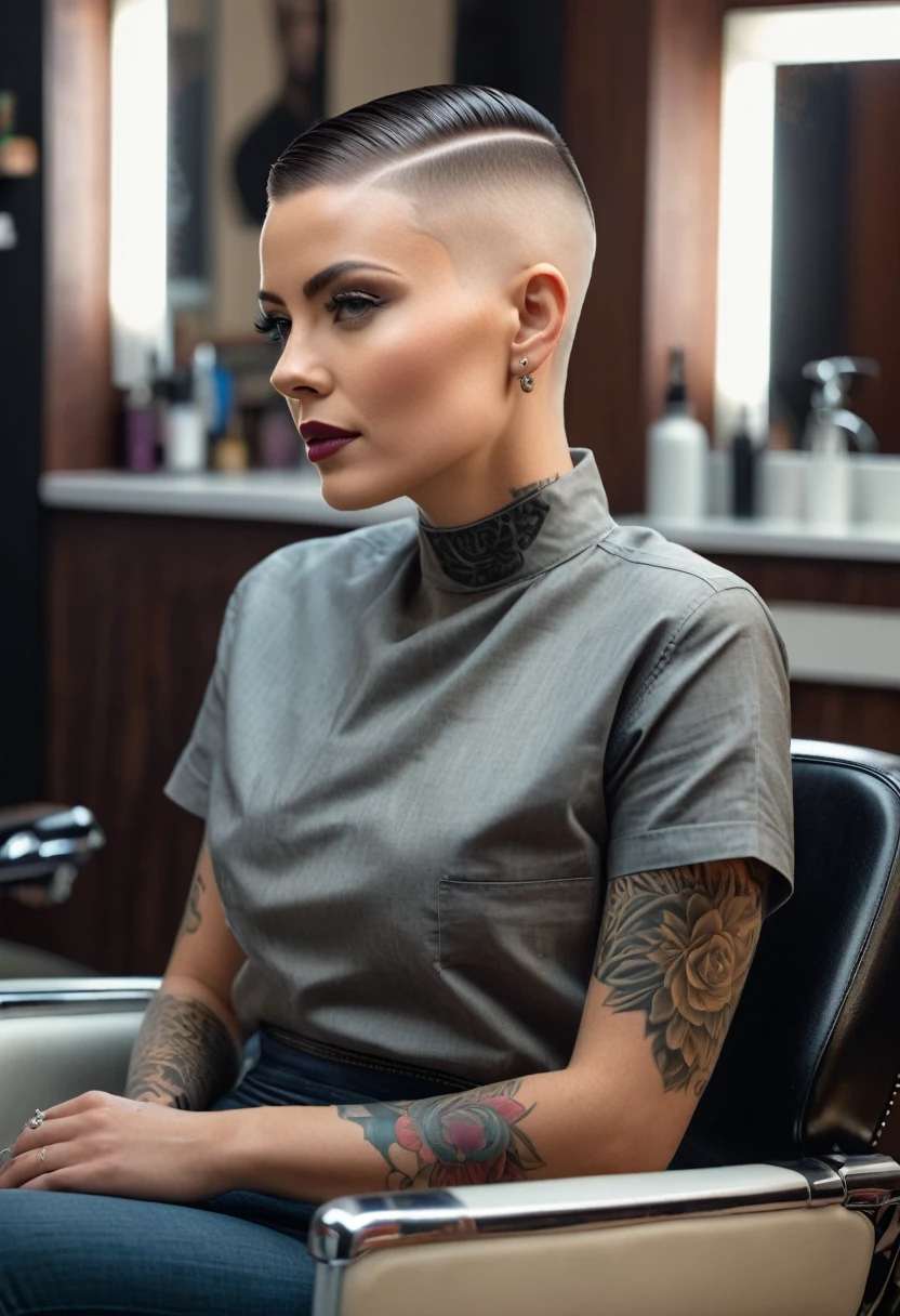 a stunning 30 year old woman with a super short buzzcut with a medium fade undercut and a side shave sitting in a barberchair, photorealistic, hyperrealistic, 8k, uhd, high detail, masterpiece, film grain 