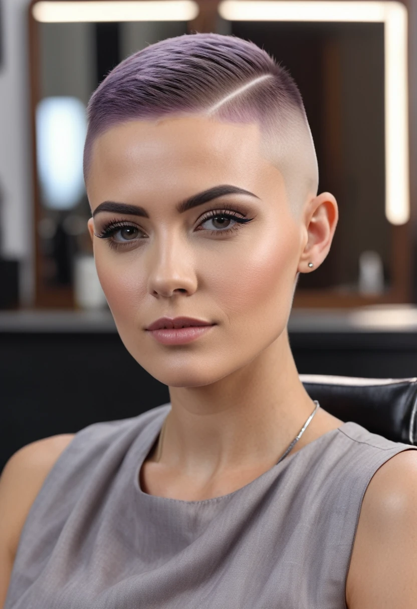 a stunning 30 year old woman with a super short buzzcut with a medium fade undercut and a side shave sitting in a barberchair, photorealistic, hyperrealistic, 8k, uhd, high detail, masterpiece, film grain