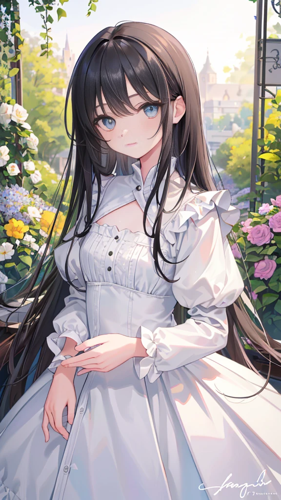 (masterpiece),(Top quality),(Extremely detailed),(high resolution),(8K Animation),(Beautiful and delicate face),(Beautiful and delicate eyes),(Anatomically correct),(Keep your head small),1 Girl,Black Hair,Long hair,(Big round eyes),Bangs,[Lavender-colored eyes:(blue eyes):0.55],A gentle smile,White Dress,(Garden),Soft sunlight