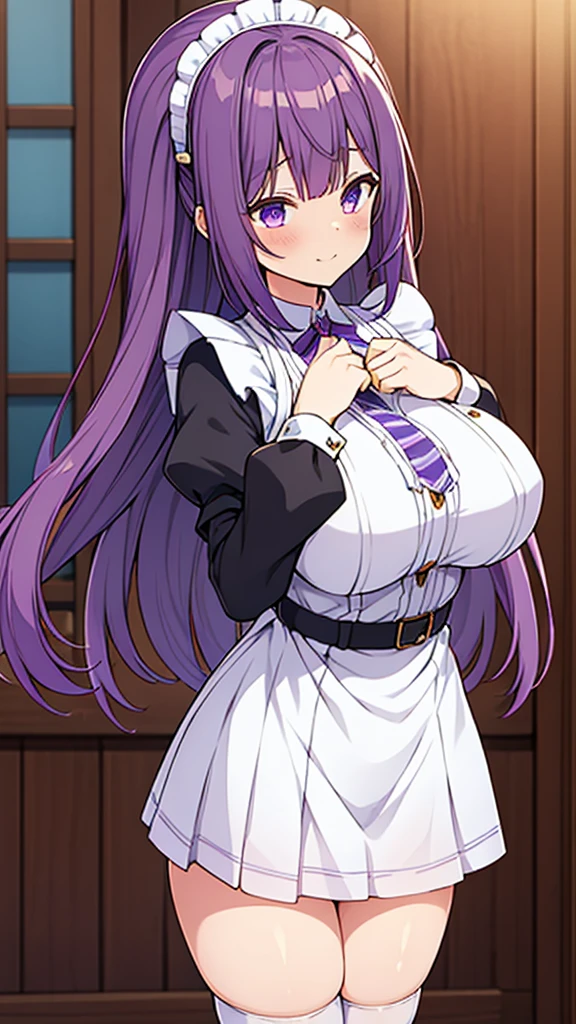 最high quality, high quality, Super detailed, 16K, Ultra-detailed details, pretty girl, alone, beautiful purple hair, Beautiful purple eyes, Big Breasts, A light smile, Summer clothes, Summer Maid clothes, I'm lifting my skirt, Blue and white color striped underwear(Showing her underwear under her skirt), My crotch is wet with love juice, {{A succubus who falls in love with a man steals the facial skin of the girl he loves, transforms her face into that of a girl, and serves the man as a maid.}}, Full body image, NSFW