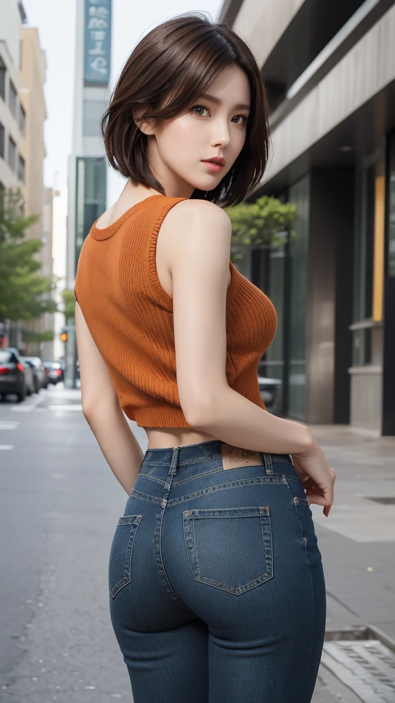 ((top-quality、in 8K、masterpiece:1.3))、foco nítido:1.2、Beautiful woman perfect body:1.4、Slim abs:1.2、((Bob Heyer、straight haired:1.2))、(Dark Orange Knitwear、denim:1.1)、(Sateen、a street:1.2)、wetbody:1.5、Three-dimensional texture、A detailed eye、Brown hair、Very shiny hair、posterior view、Hair quality improvement、Korean style hair