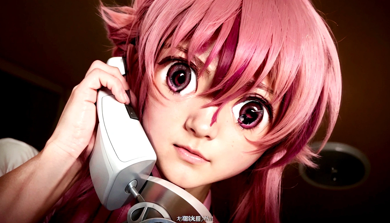 anime girl with pink hair talking on a desk phone, mirai nikki, anime girl named gasai yuno, realistic pink eyes, gasai yuno, close up of mirai nikki, gasai yuno, gasai yuno, she has a cute expressive face, gasai yuno, screenshot from an Anime from 2012, in an anime scene, scene!!, shocking.