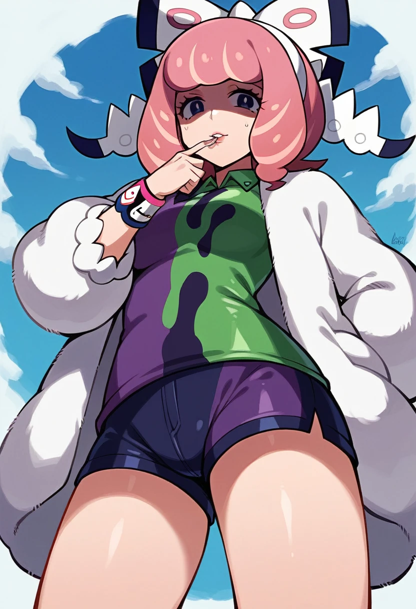 score_9, score_8_up, score_7_up, source_anime, BREAK, (((amui))), 1girl, solo, klara (pokemon), from below, finger to mouth