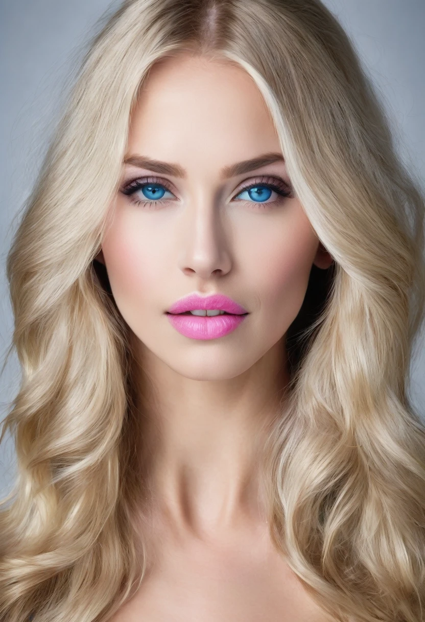 beautfull woman, blue eyed blonde,with long hair,thin waist and large breasts,pink mouth with a very feminine and delicate face and nose