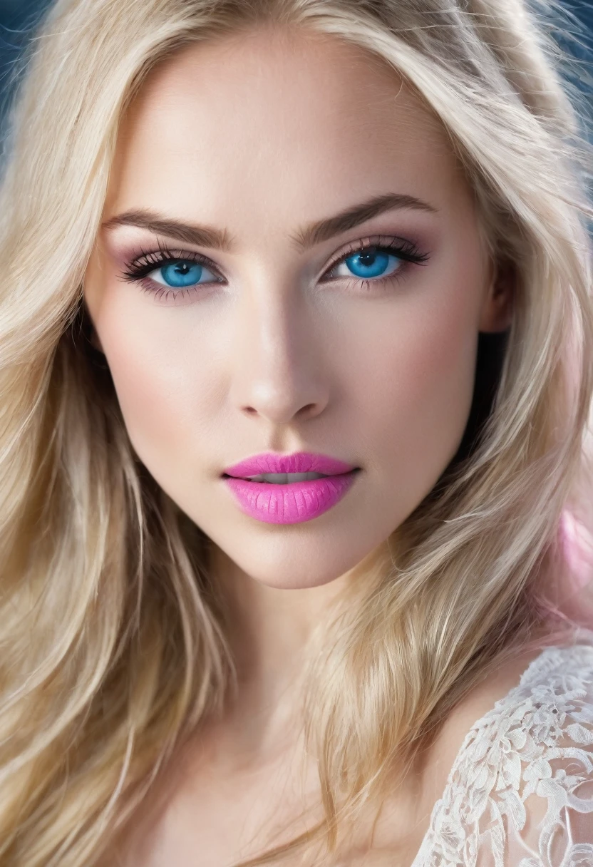 beautfull woman, blue eyed blonde,with long hair,thin waist and large breasts,pink mouth with a very feminine and delicate face and nose