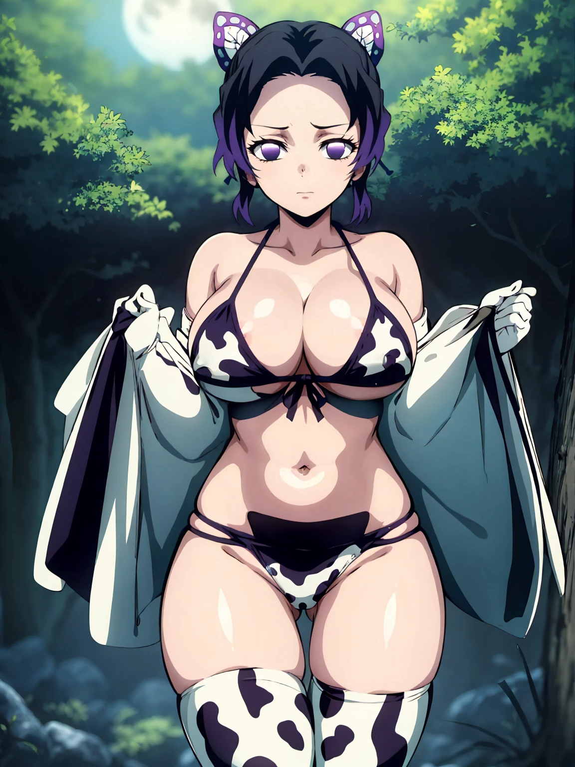 Kochou shinobu, 4k, absurd, high resolution, very high resolution, high definition, masterpiece, Short hair, purple hair, Separate bangs, Hair Adorno, Butterfly hair ornament, Purple eyes, (cowprint bikini, thighhighs, elbow gloves), zettai ryouiki black thighhighs, cowboy shot, looking_at_viewer, serious, (angry:0.6), closed mouth, huge_breast, side boob, erect nipples, standing, holding a japanease sword, (skinny, short stack), in the dark forest, at night, moon