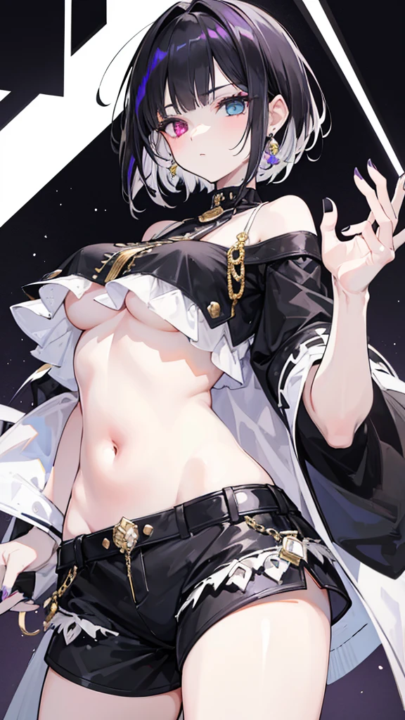 20s, one girl, white and black hair, short hair, silver earrings, black clothes, black nails, showing belly, shorts, gold ornaments, purple and white heterochromia, cool, cool, perfect body line, black main color, white sub color, purple accent color,