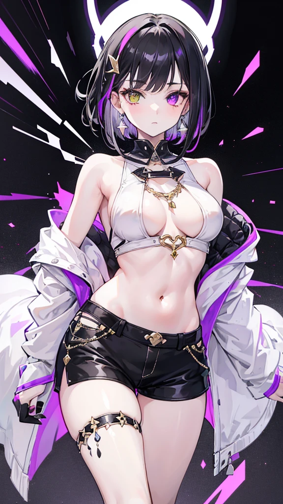 20s, one girl, white and black hair, short hair, silver earrings, black clothes, black nails, showing belly, shorts, gold ornaments, purple and white heterochromia, cool, cool, perfect body line, black main color, white sub color, purple accent color,