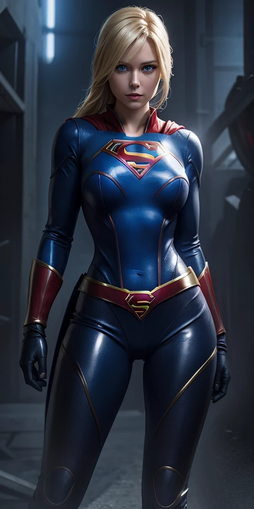 The character Supergirl, rubberized black costume, shiny blue eyes, beautiful blond hair, 