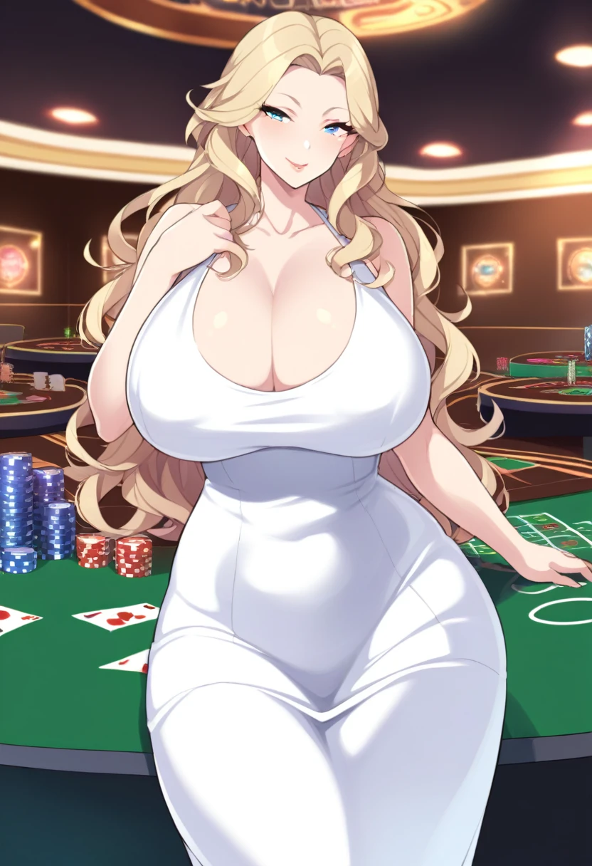 1girl, mature female, milf, motherly, huge breasts, wide hips, curvy, wavy hair, long hair, blonde hair, blue eyes, lips, tube dress, long dress, white dress, long dress, white high heels, solo, cowboy shot, casino, indoors, standing, looking at viewer, seductive smile
