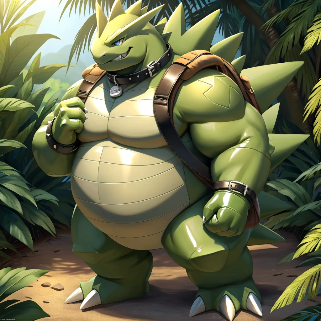 Solo, Male, fat, extremely obese, gentleman, dapper Professor Tyranitar, blue eyes, (posing:1.3), (soft shading), 4k, hi res, ((detailed face, detailed)), looking at viewer, evil grin, jungle, forest, collared shirt with buttons, top hat, male focus, Explorer Outfit, glasses, monocle, bag, vest with buttons, backpack, sleeves rolled up, round eyewear, brown headwear, brown vest, Tyranitar is wearing a glossy leather dog collar around the neck, Tyranitar is wearing the leather collar and shirt and vest at the same time, Tyranitar is wearing glossy white rubber gloves on the hands, wearing white rubber gloves on the feet, Tyranitar is wearing glossy white cuffs around the wrists with cufflinks, gloves are rubber in texture, clenching teeth, clenching fists, leather collar is glossy and shiny with a lot of detail, Tyranitar is wearing gloves and cuffs and cufflinks at the same time, leather collar has a round dog-tag, leather collar is thick and detailed.