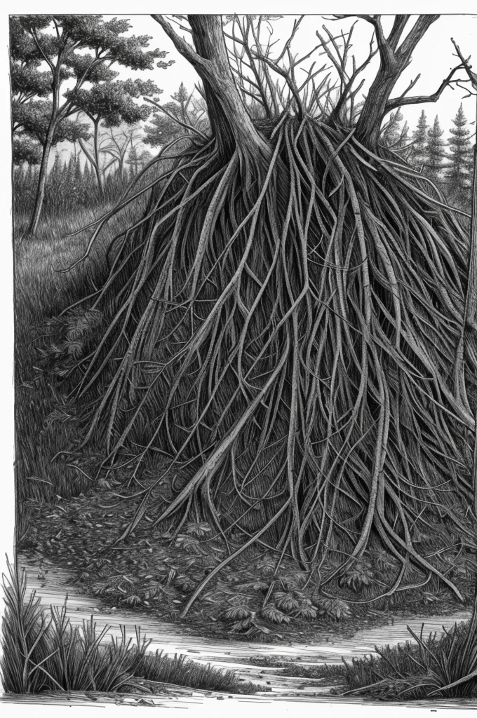 Rendered in a sketchy pen drawing style on rough paper, monochrome. A small pile of roots forms a creature that looks like a ghillie suit. It is walking shaky through the woods.