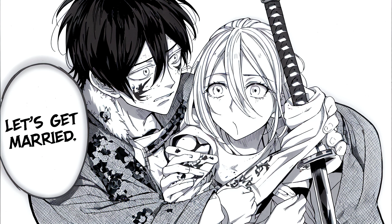 anime couple with sword and text that says let's get married, black and white manga panel, black and white manga page, chainsaw man manga, black and white manga, black and white manga comic, black and white manga style, pencil and ink manga, manga scans, in manga style, ink manga drawing, holding a sword on her shoulder, manga”