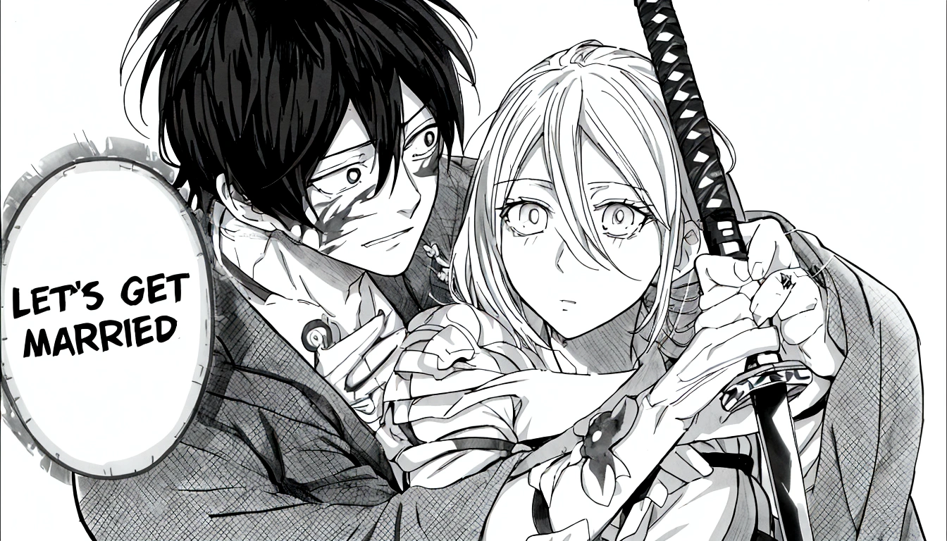 anime couple with sword and text that says let's get married, black and white manga panel, black and white manga page, chainsaw man manga, black and white manga, black and white manga comic, black and white manga style, pencil and ink manga, manga scans, in manga style, ink manga drawing, holding a sword on her shoulder, manga”