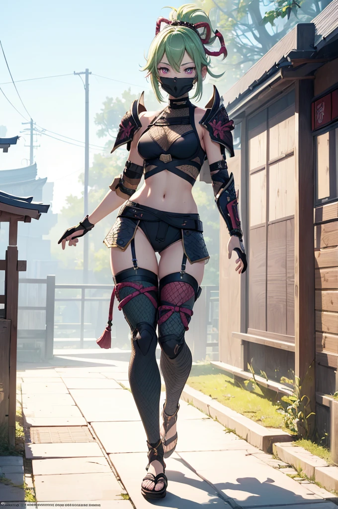 ((1girl, solo)), (((cowboy shot))), (legs apart:1.5), confident stand, standing, beautiful body, (perfect anatomy, perfect body, perfect hands, perfect legs), natural proportions, sexy body, large breasts, (full body, full-body shot, full body front:1.5) BREAK
((extremely detailed face)), (beautiful detailed eyes:1.6), (realistic pupils, realistic iris:1), expressive eyes, looking at viewer, (clear eyes:1.3), (hyperrealistic:1.2), (detailed skin texture:1.2), smooth skin, kuki shinobu, purple eyes, green hair, ((mouth mask)), perfect face, perfect eyes BREAK
ninja, (fishnet top:1.5), (crop top:1.5), cleavage, (cropped jacket:1.5), (shoulder armor:1.5), (arm guard:1.5), partially fingerless gloves, midriff, short shorts, black shorts, ((black thighhighs)), (((greaves))), sandals, (revealing clothes:1.5), (japanese armor:1.5), (samurai armor), (highleg panty straps:1.4), tassel BREAK
outdoor, day, japanese building, east asian architecture BREAK
(masterpiece:1.5), anime-style, top quality, best quality, (beautiful and aesthetic:1.2), (ultra detail:1.5), Ultra-detailed depiction, Ultra-precise depiction, extremely detailed 8k illustration, high resolution, (highly detailed shading:1.2), (realistic lighting:1.4), perfect lighting, vibrant colors, dynamic tones, striking hues, 8k, absurd resolution, perfect shadows, hdr, UHD, ambient lighting, realistic, ultra-realistic, photo realistic, highly detailed, rich detail, luminous colors, fine texture, intricate design, professional illustration, (soft light:1.2), (illustration:0.7)